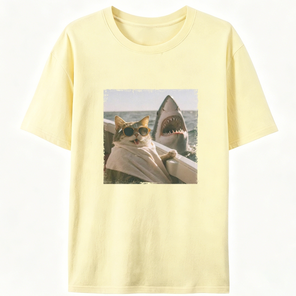 Cat with Great White Shark Meme Retro Designed for Women - Slim Fit Cotton Tee