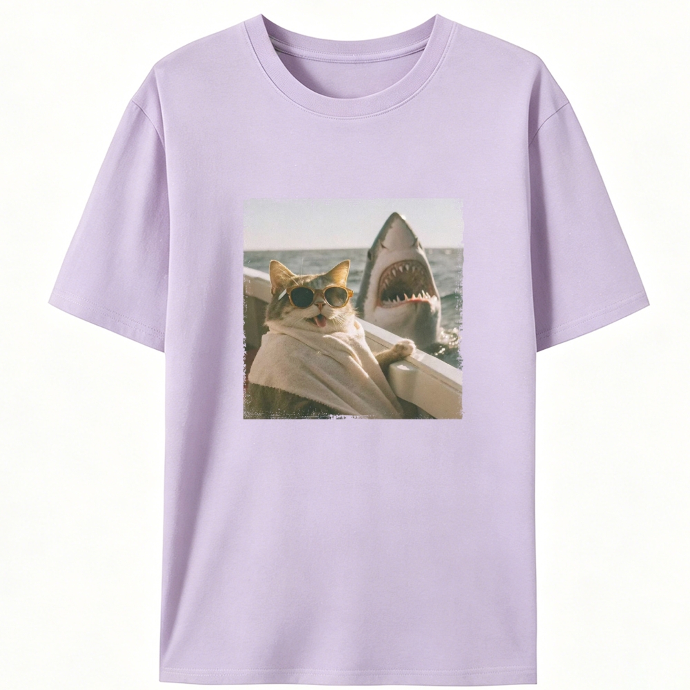 Cat with Great White Shark Meme Retro Designed for Women - Slim Fit Cotton Tee