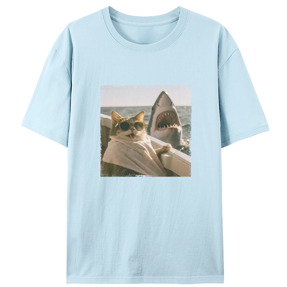Cat with Great White Shark Meme Retro Designed for Women - Slim Fit Cotton Tee