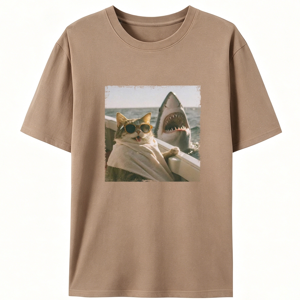 Cat with Great White Shark Meme Retro Designed for Women - Slim Fit Cotton Tee