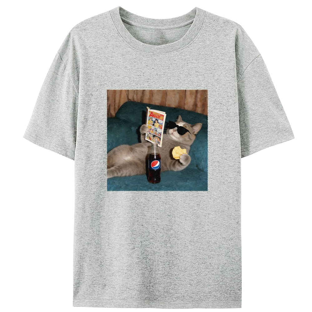 Relaxed Grey Cat Comic & Pepsi Designed for Women - Slim Fit Cotton Tee
