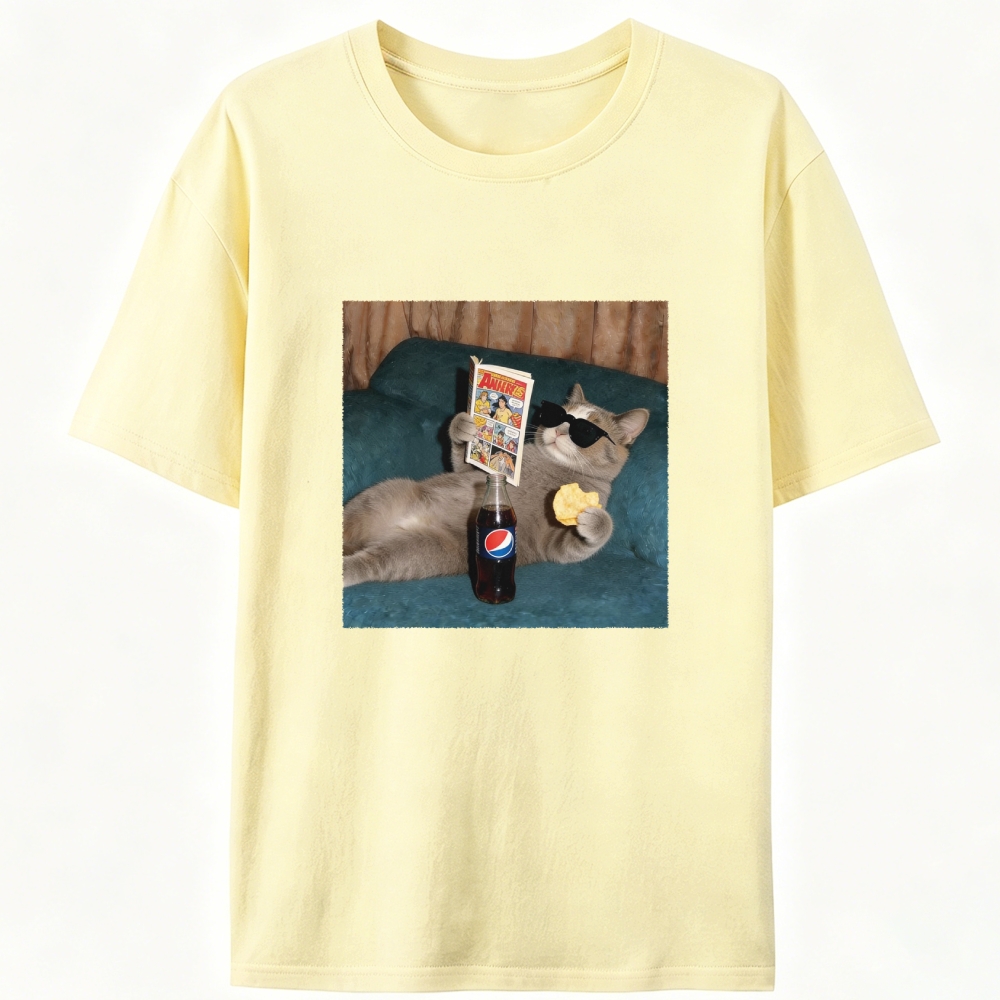 Relaxed Grey Cat Comic & Pepsi Designed for Women - Slim Fit Cotton Tee