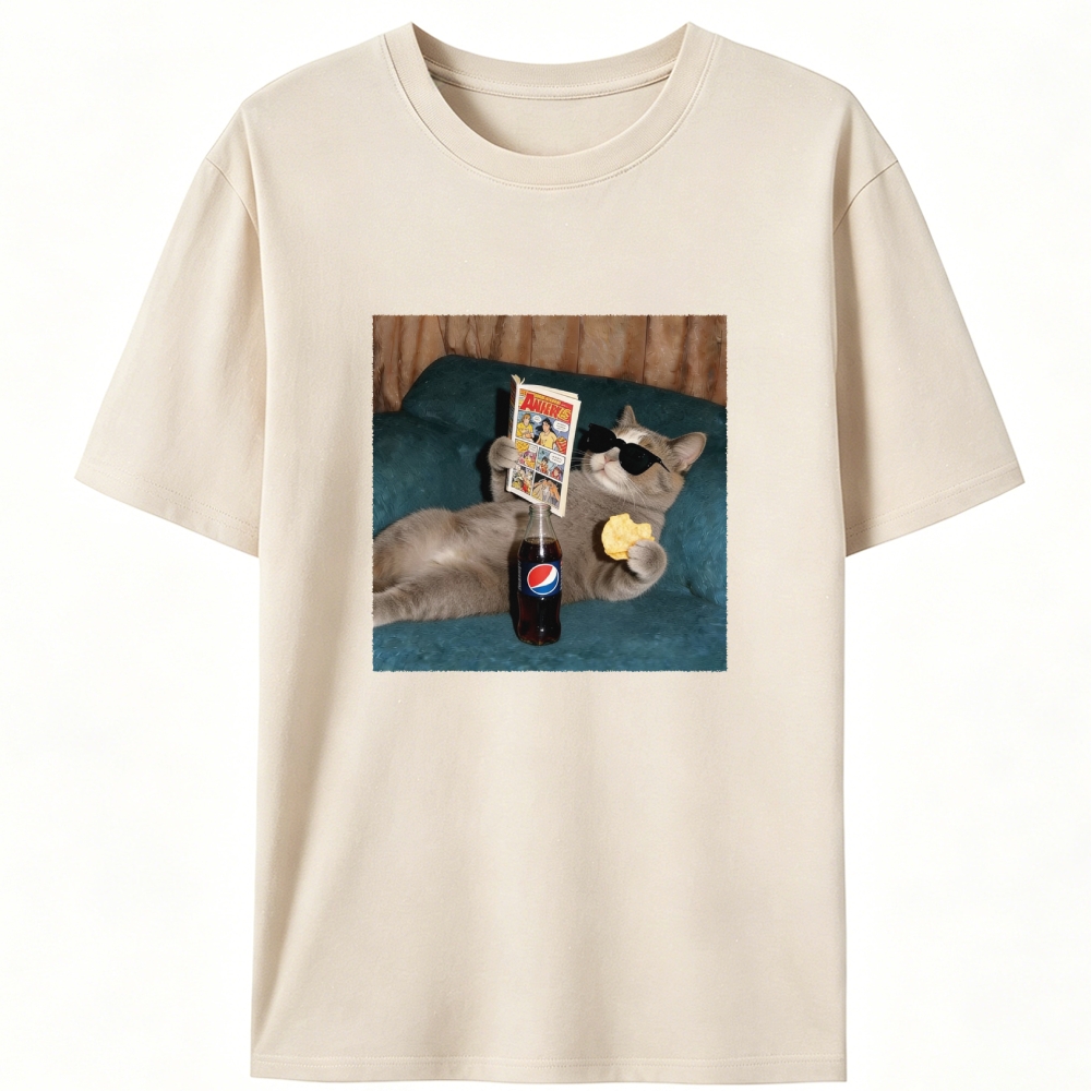 Relaxed Grey Cat Comic & Pepsi Designed for Women - Slim Fit Cotton Tee