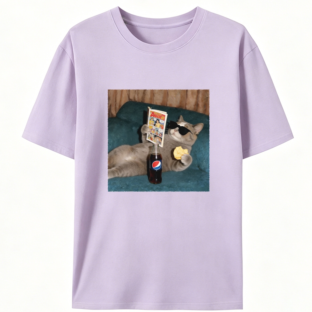 Relaxed Grey Cat Comic & Pepsi Designed for Women - Slim Fit Cotton Tee