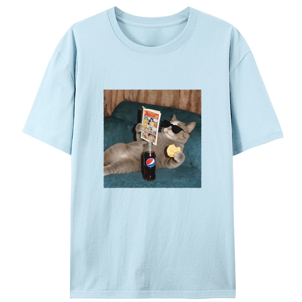 Relaxed Grey Cat Comic & Pepsi Designed for Women - Slim Fit Cotton Tee