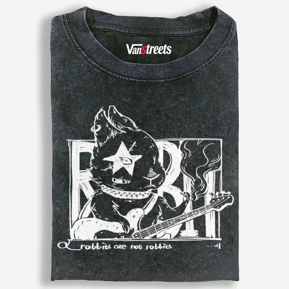 Punk Rabbit Bassist Retro Washed T-Shirt | 100% Cotton | Streetwear Essential
