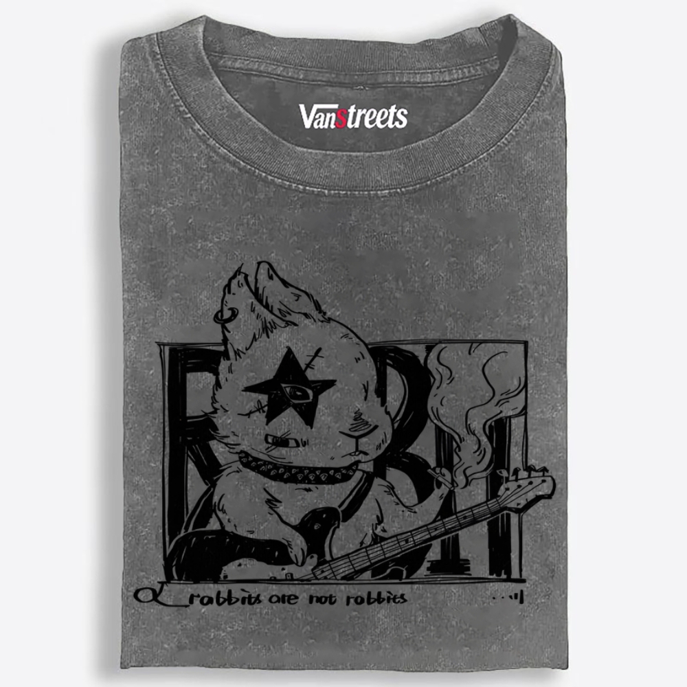 Punk Rabbit Bassist Retro Washed T-Shirt | 100% Cotton | Streetwear Essential