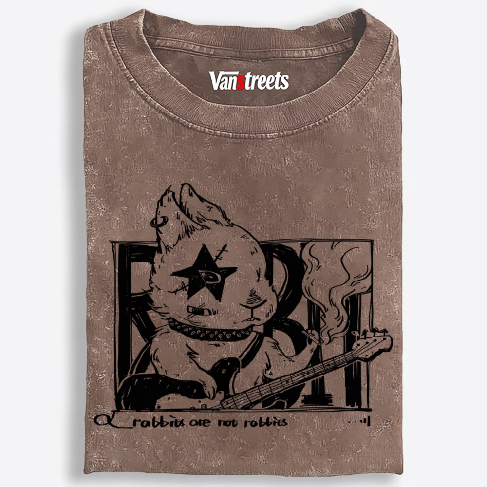 Punk Rabbit Bassist Retro Washed T-Shirt | 100% Cotton | Streetwear Essential