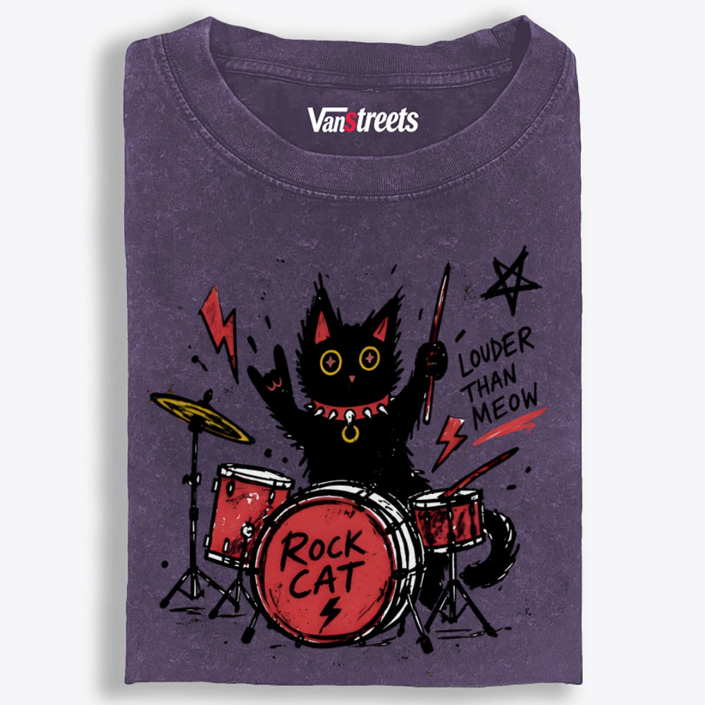 Rock Cat Drummer Retro Washed T-Shirt | 100% Cotton | Streetwear Essential
