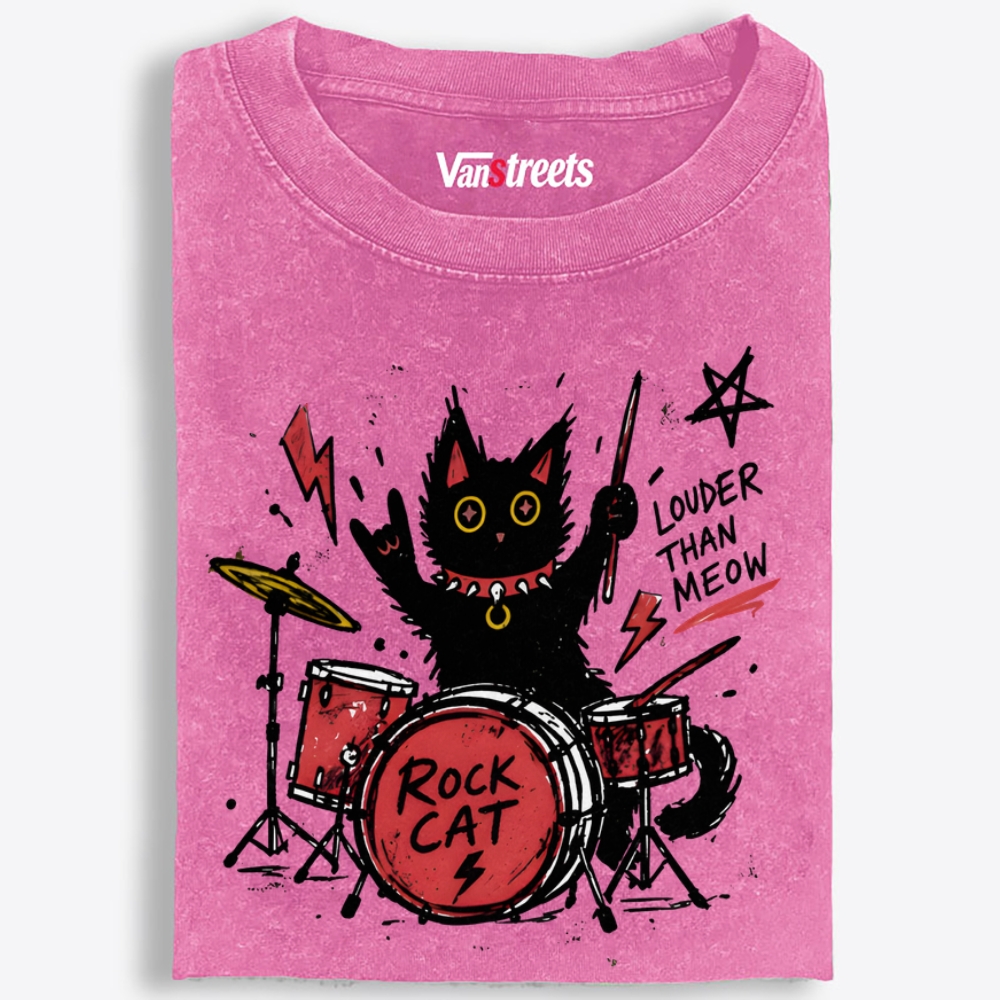 Rock Cat Drummer Retro Washed T-Shirt | 100% Cotton | Streetwear Essential