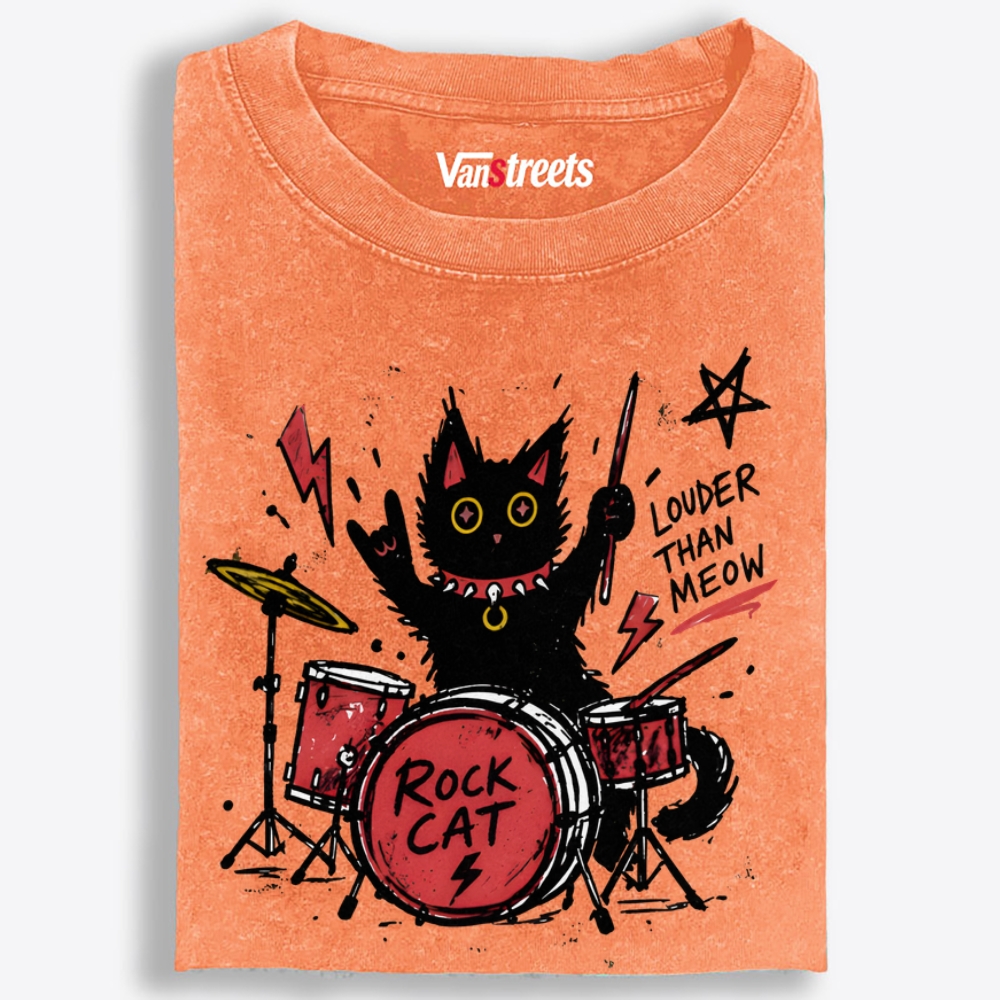 Rock Cat Drummer Retro Washed T-Shirt | 100% Cotton | Streetwear Essential