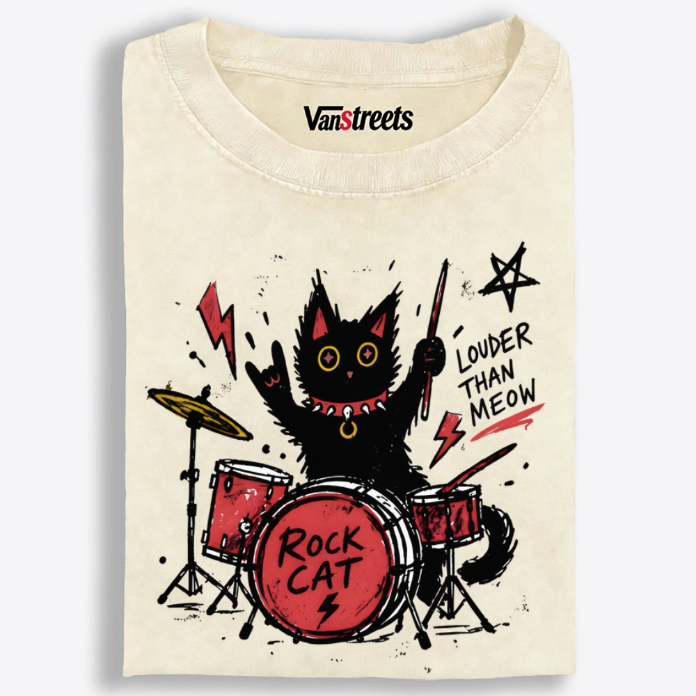 Rock Cat Drummer Retro Washed T-Shirt | 100% Cotton | Streetwear Essential