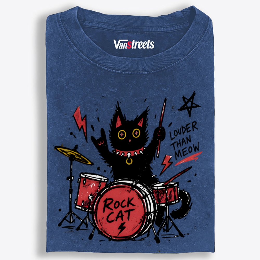 Rock Cat Drummer Retro Washed T-Shirt | 100% Cotton | Streetwear Essential