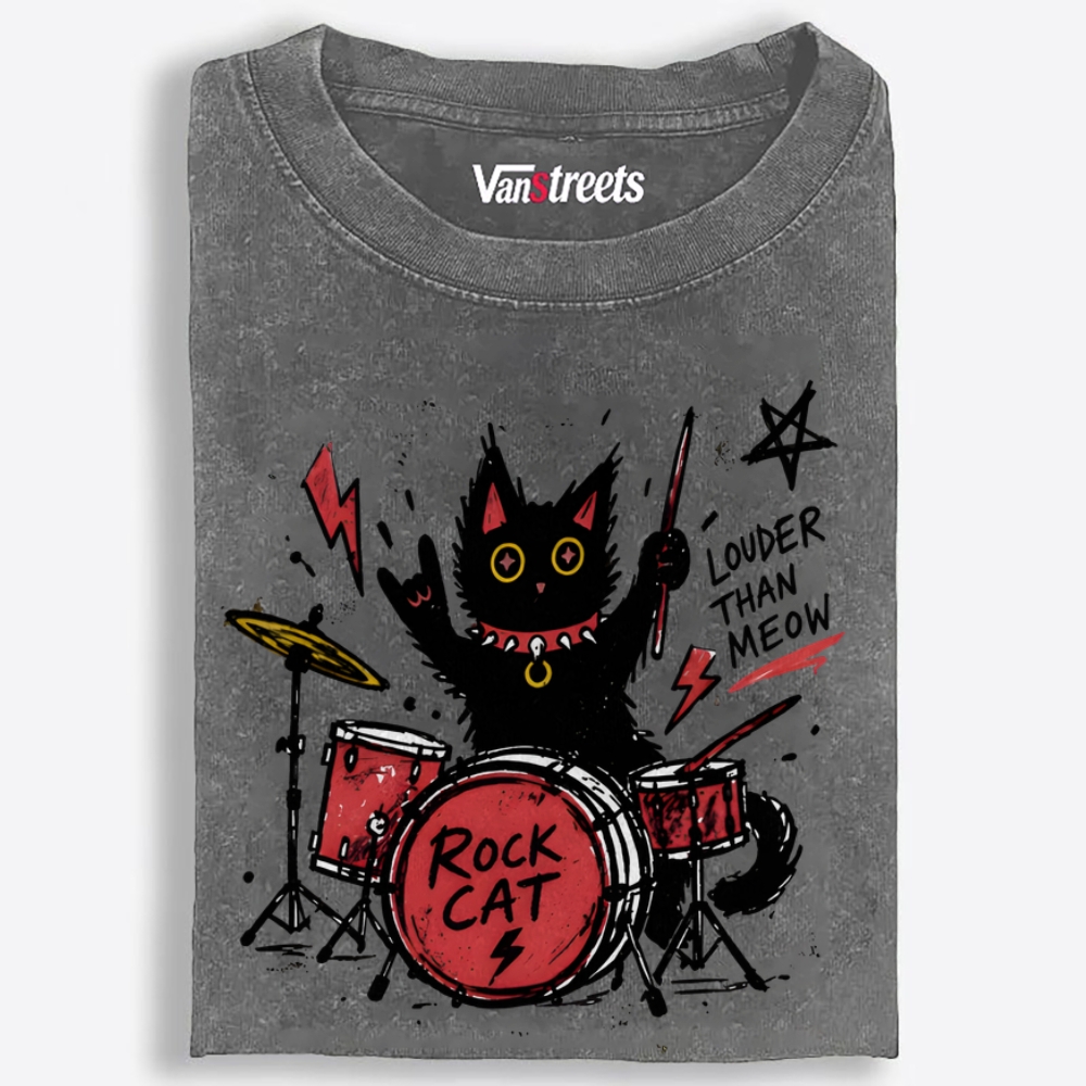 Rock Cat Drummer Retro Washed T-Shirt | 100% Cotton | Streetwear Essential