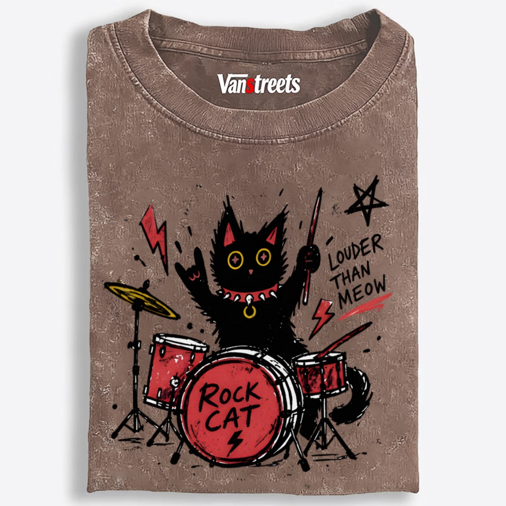 Rock Cat Drummer Retro Washed T-Shirt | 100% Cotton | Streetwear Essential