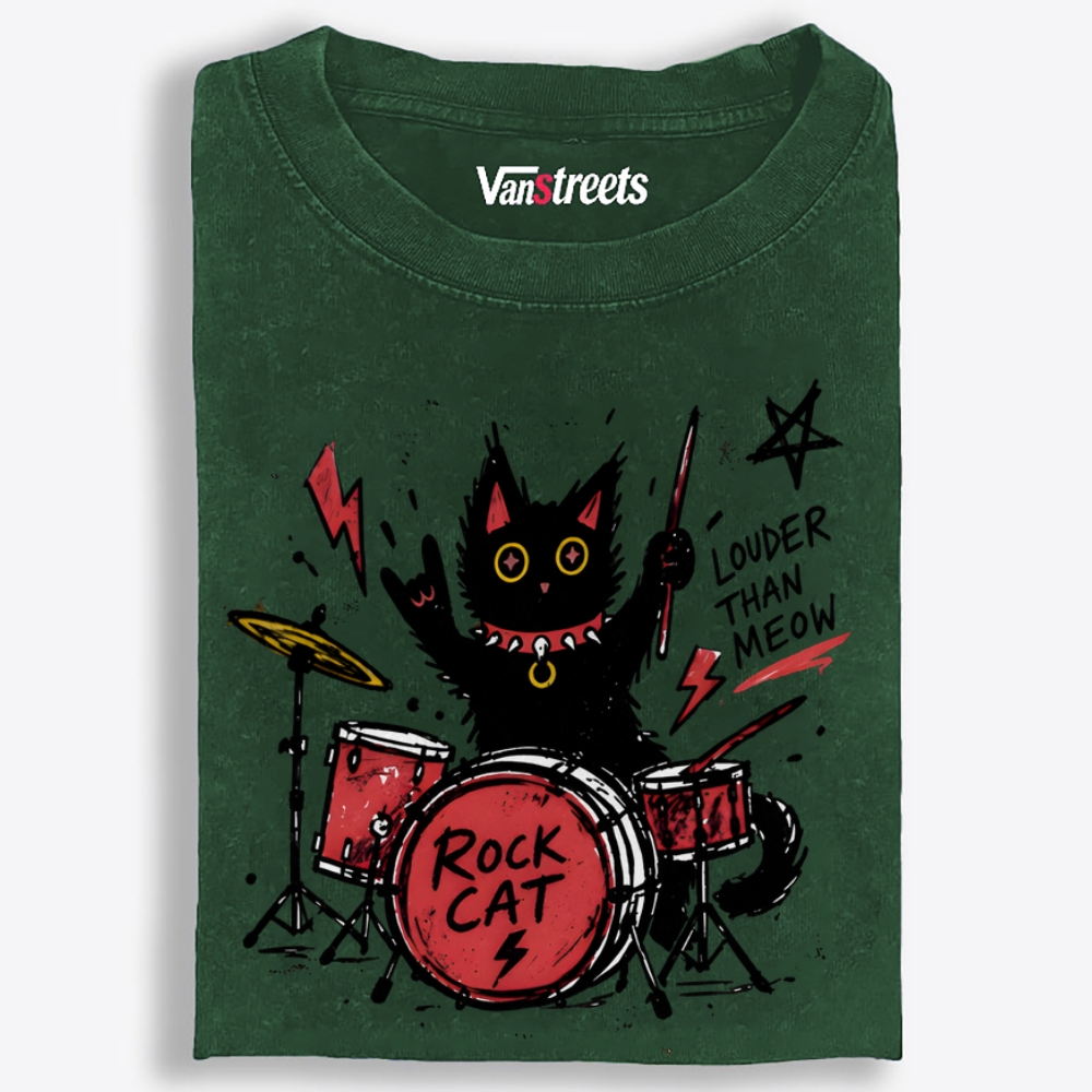 Rock Cat Drummer Retro Washed T-Shirt | 100% Cotton | Streetwear Essential
