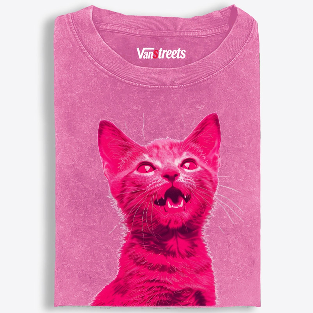 Pink Rage Cat Retro Washed T-Shirt | 100% Cotton | Streetwear Essential