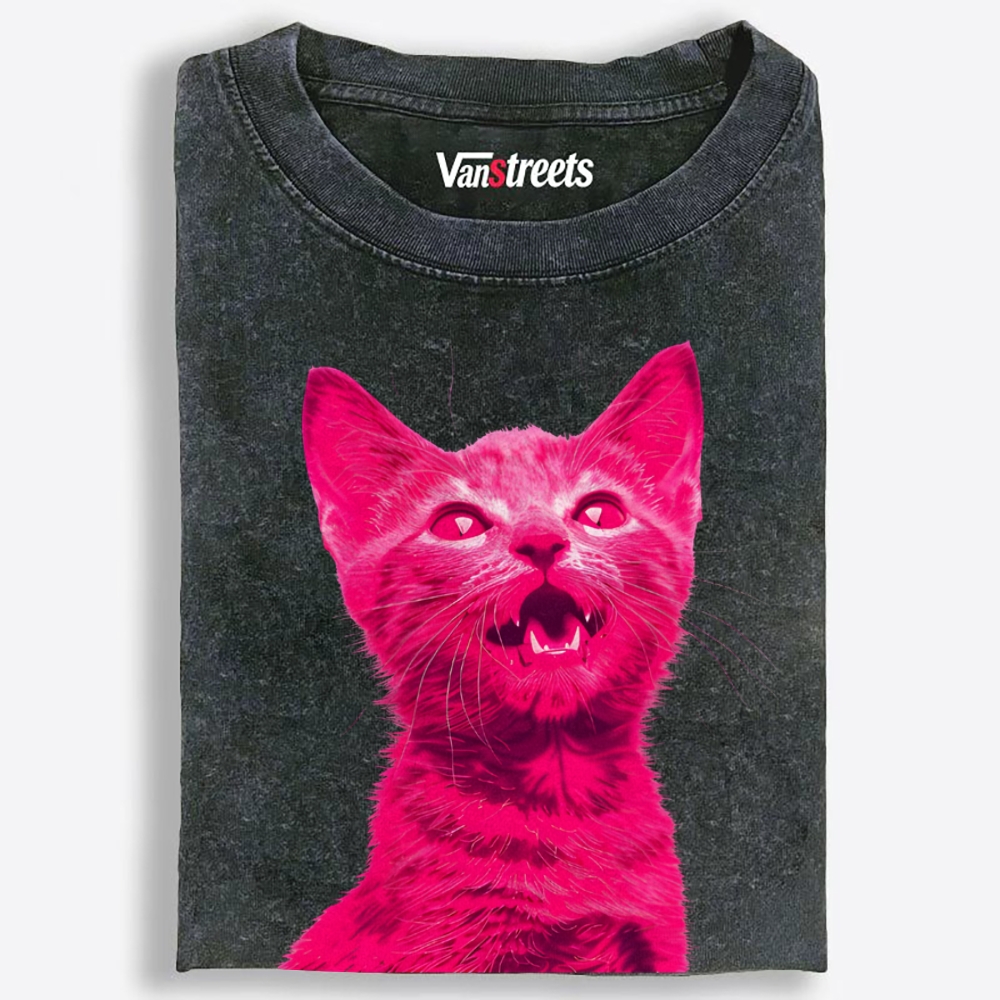 Pink Rage Cat Retro Washed T-Shirt | 100% Cotton | Streetwear Essential