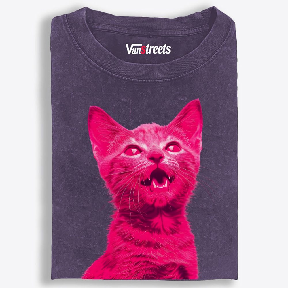 Pink Rage Cat Retro Washed T-Shirt | 100% Cotton | Streetwear Essential