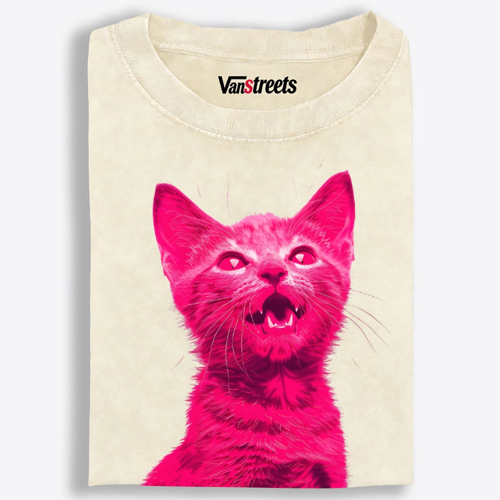 Pink Rage Cat Retro Washed T-Shirt | 100% Cotton | Streetwear Essential