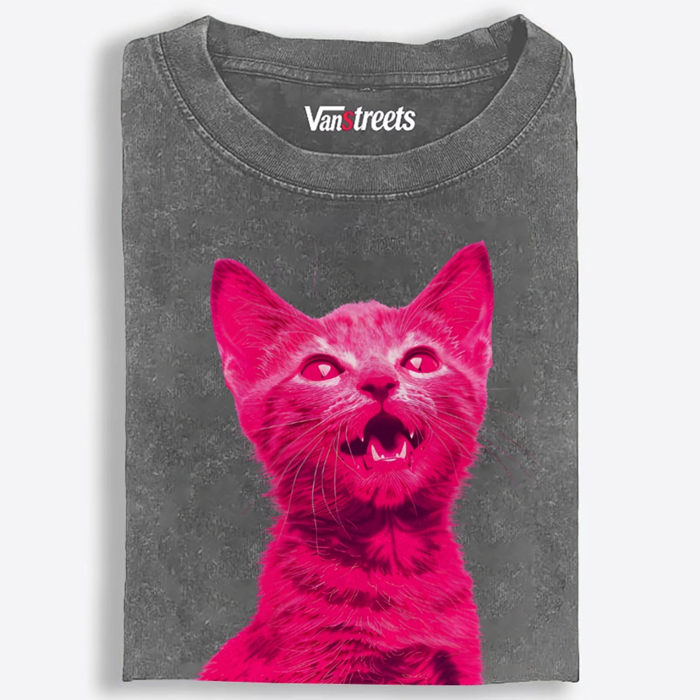Pink Rage Cat Retro Washed T-Shirt | 100% Cotton | Streetwear Essential