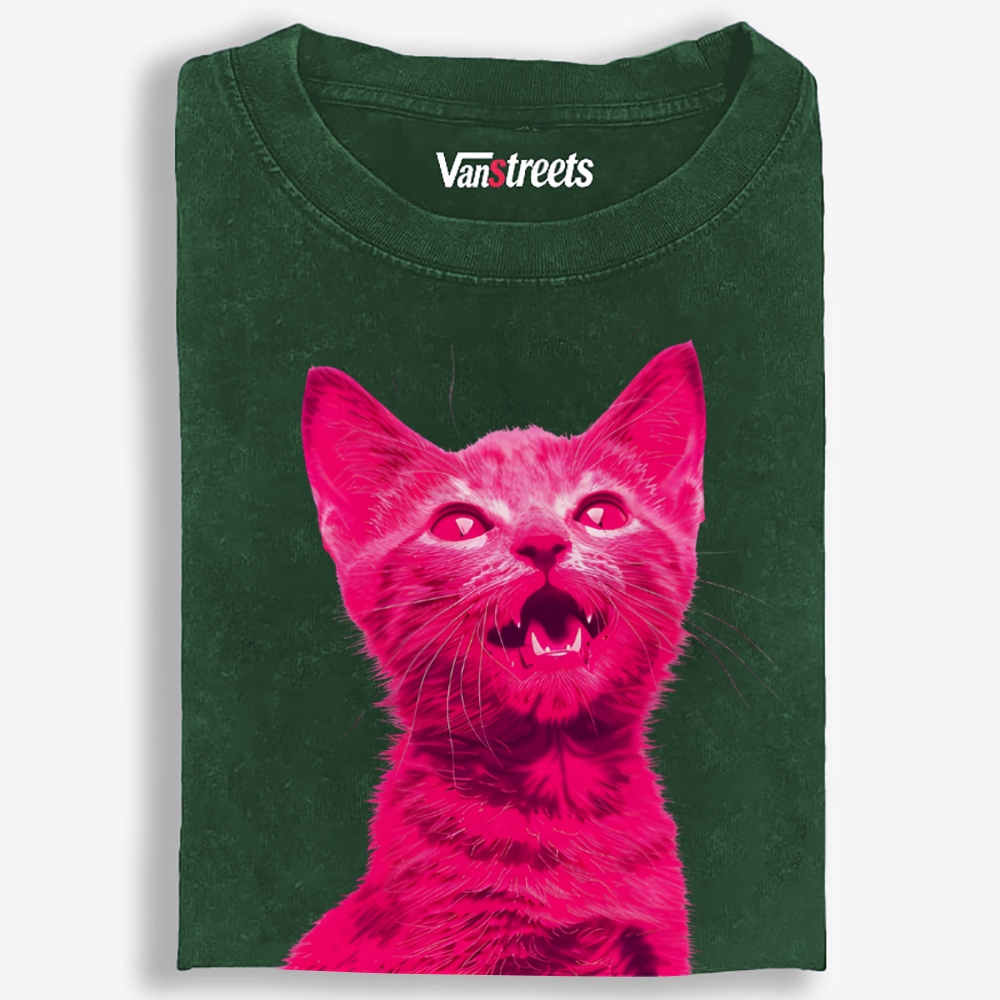 Pink Rage Cat Retro Washed T-Shirt | 100% Cotton | Streetwear Essential