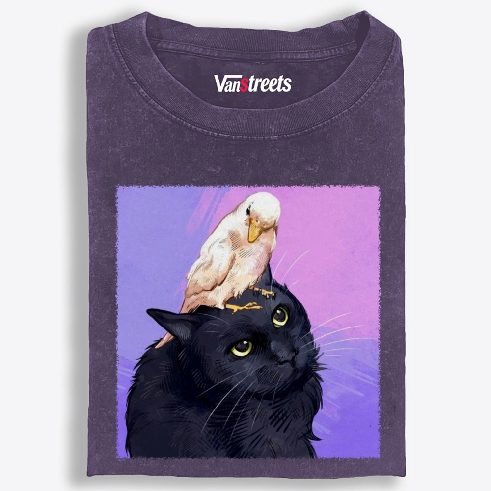 Bird Riding Black Cat Retro Washed T-Shirt | 100% Cotton | Streetwear Essential