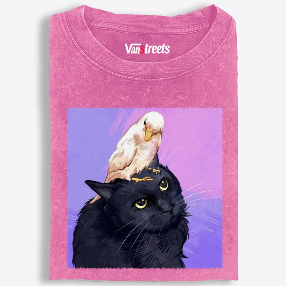 Bird Riding Black Cat Retro Washed T-Shirt | 100% Cotton | Streetwear Essential