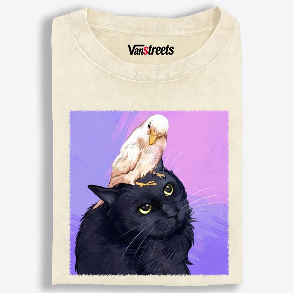 Bird Riding Black Cat Retro Washed T-Shirt | 100% Cotton | Streetwear Essential