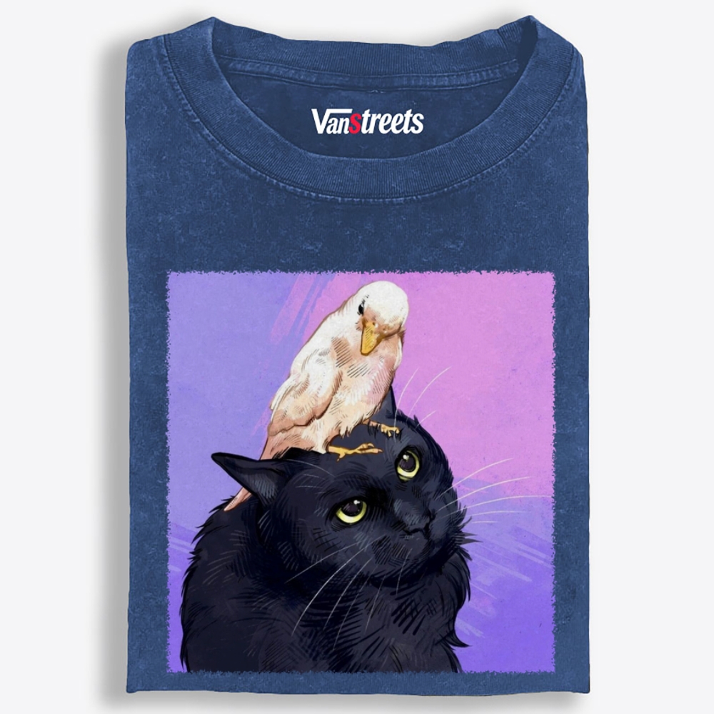 Bird Riding Black Cat Retro Washed T-Shirt | 100% Cotton | Streetwear Essential
