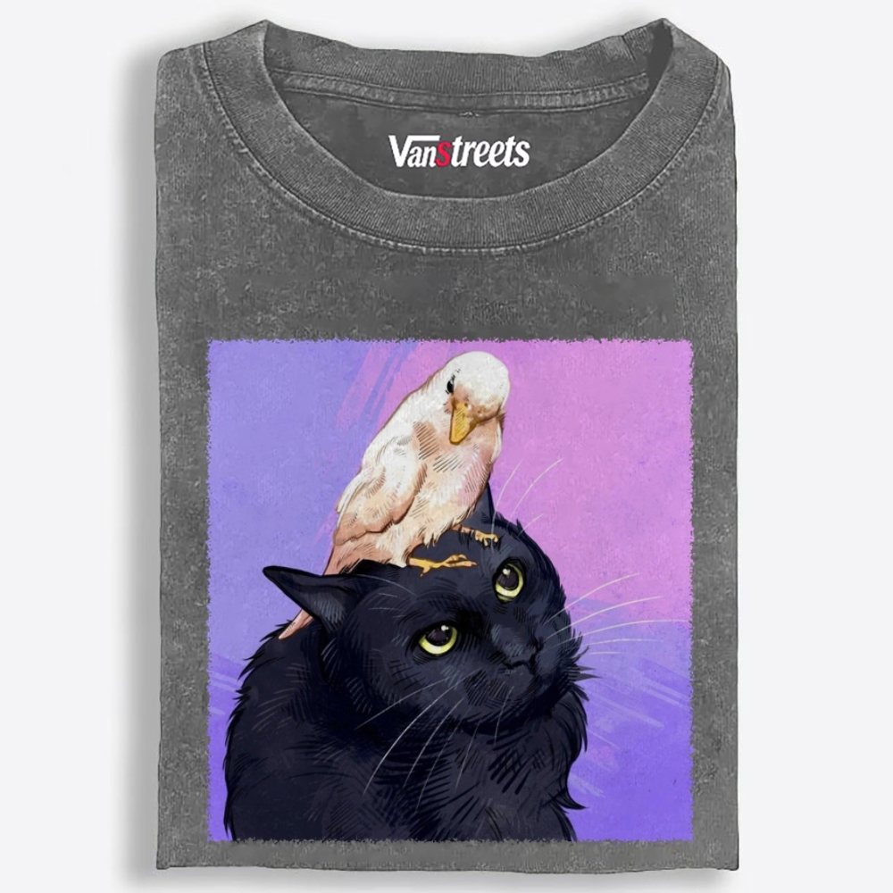 Bird Riding Black Cat Retro Washed T-Shirt | 100% Cotton | Streetwear Essential