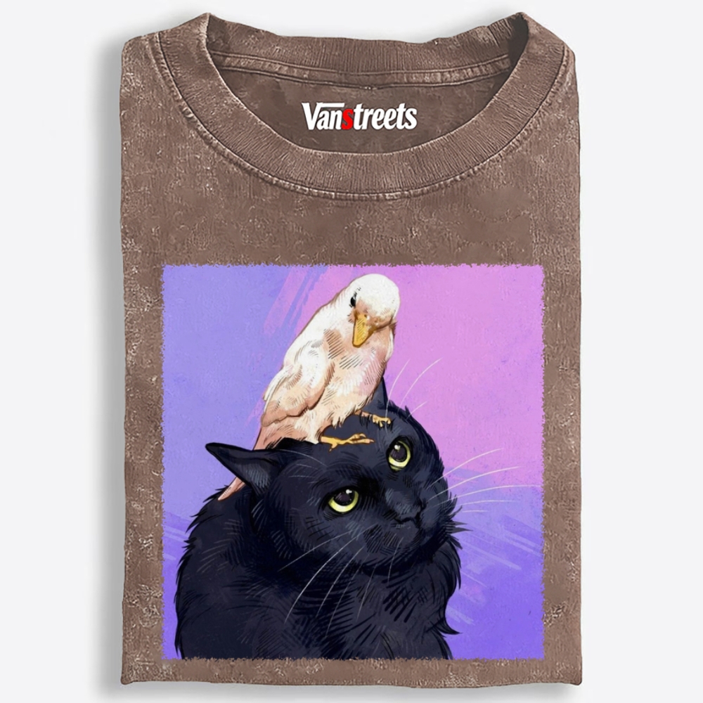 Bird Riding Black Cat Retro Washed T-Shirt | 100% Cotton | Streetwear Essential