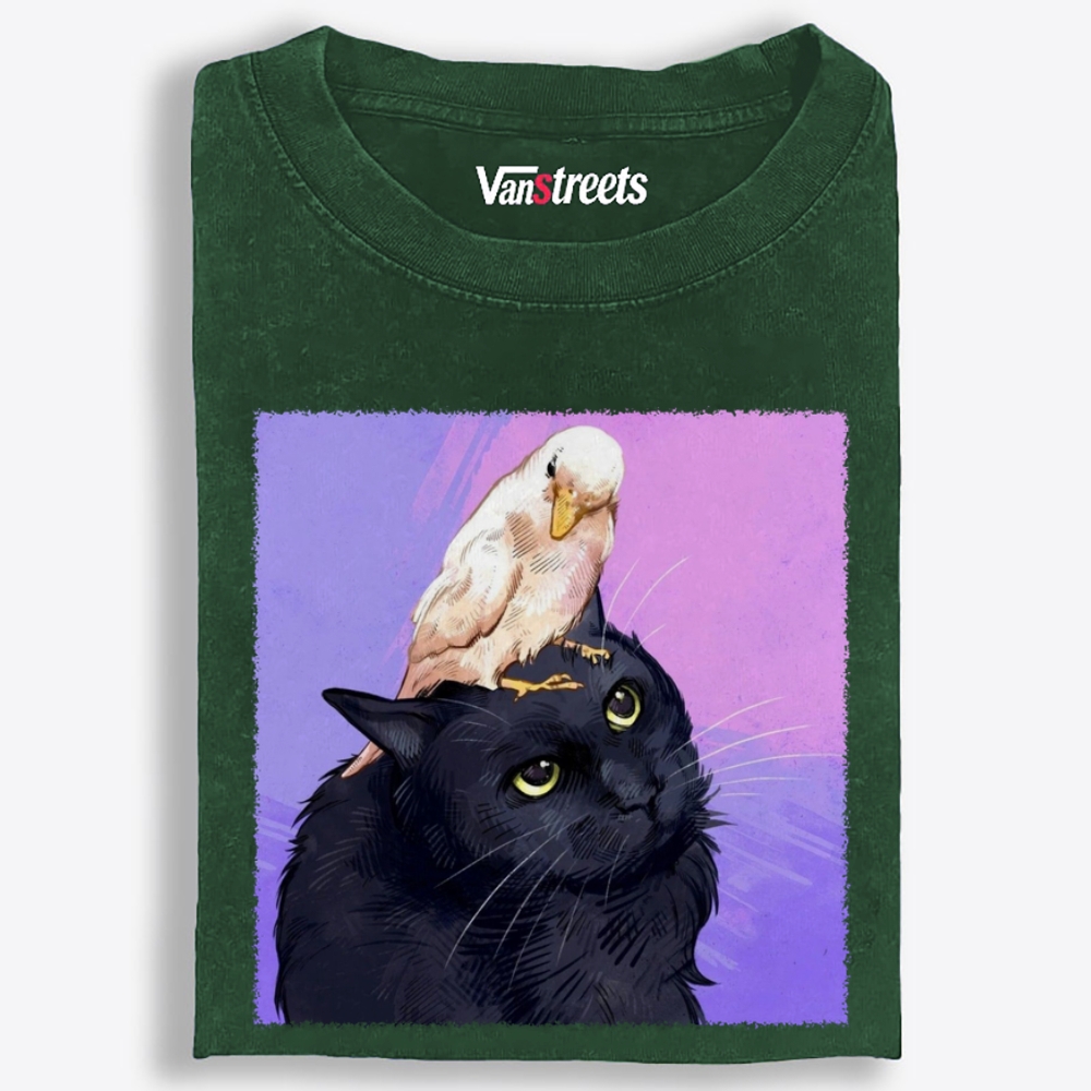 Bird Riding Black Cat Retro Washed T-Shirt | 100% Cotton | Streetwear Essential
