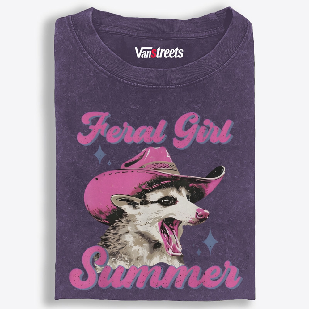 Feral Girl Summer Retro Washed T-Shirt | 100% Cotton | Streetwear Essential