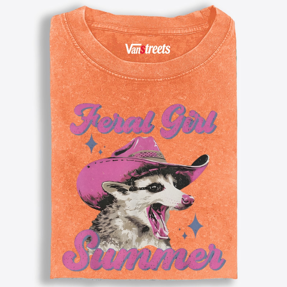 Feral Girl Summer Retro Washed T-Shirt | 100% Cotton | Streetwear Essential