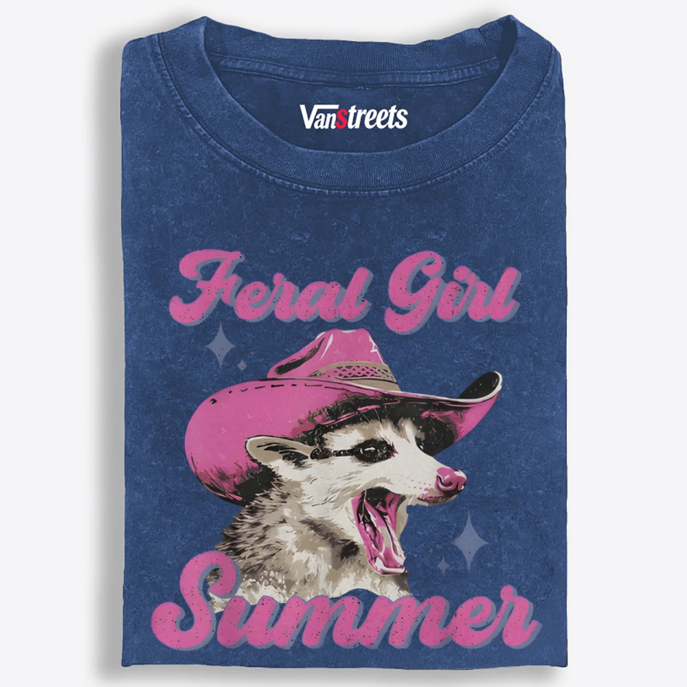 Feral Girl Summer Retro Washed T-Shirt | 100% Cotton | Streetwear Essential