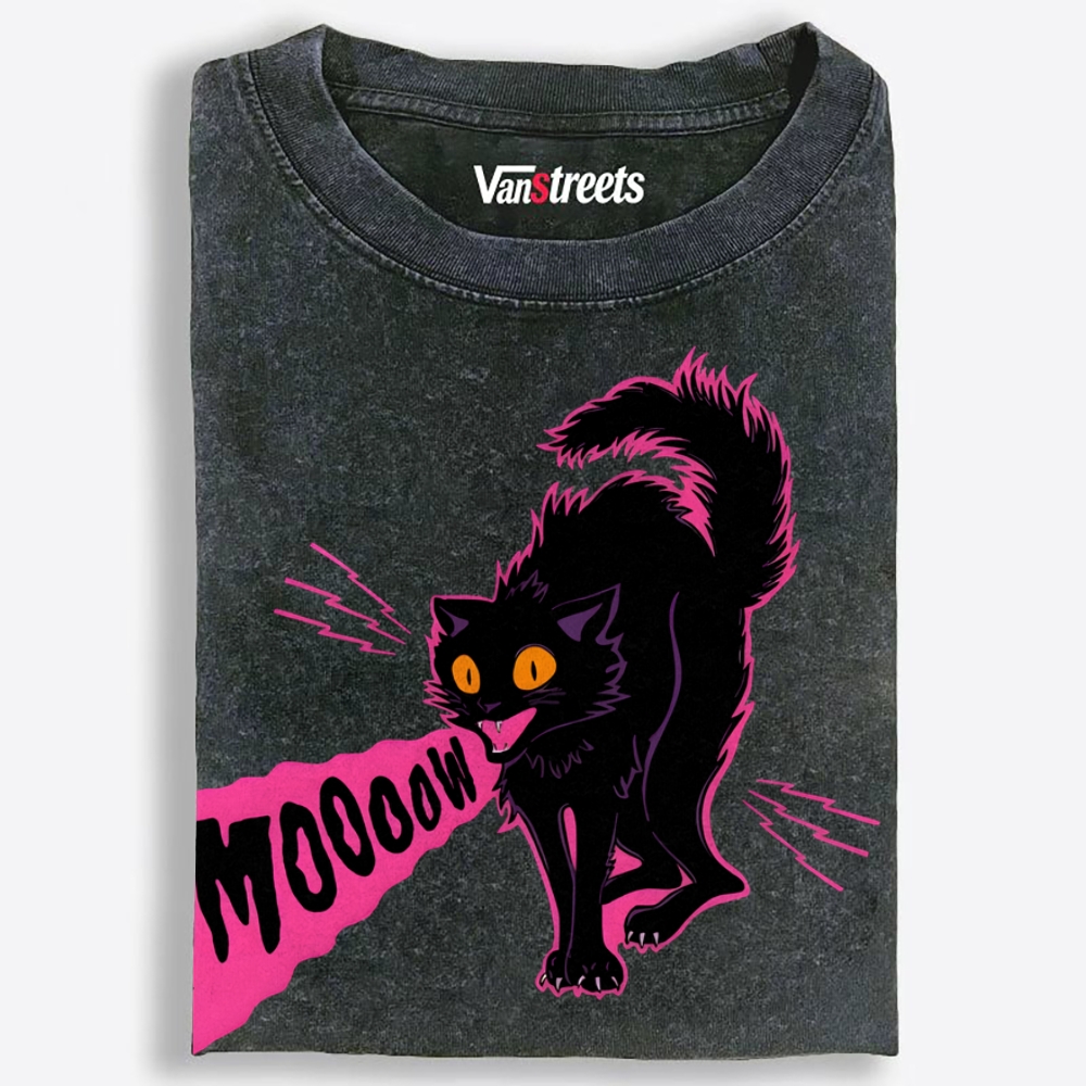 MOOOOW Black Cat Retro Washed T-Shirt | 100% Cotton | Streetwear Essential