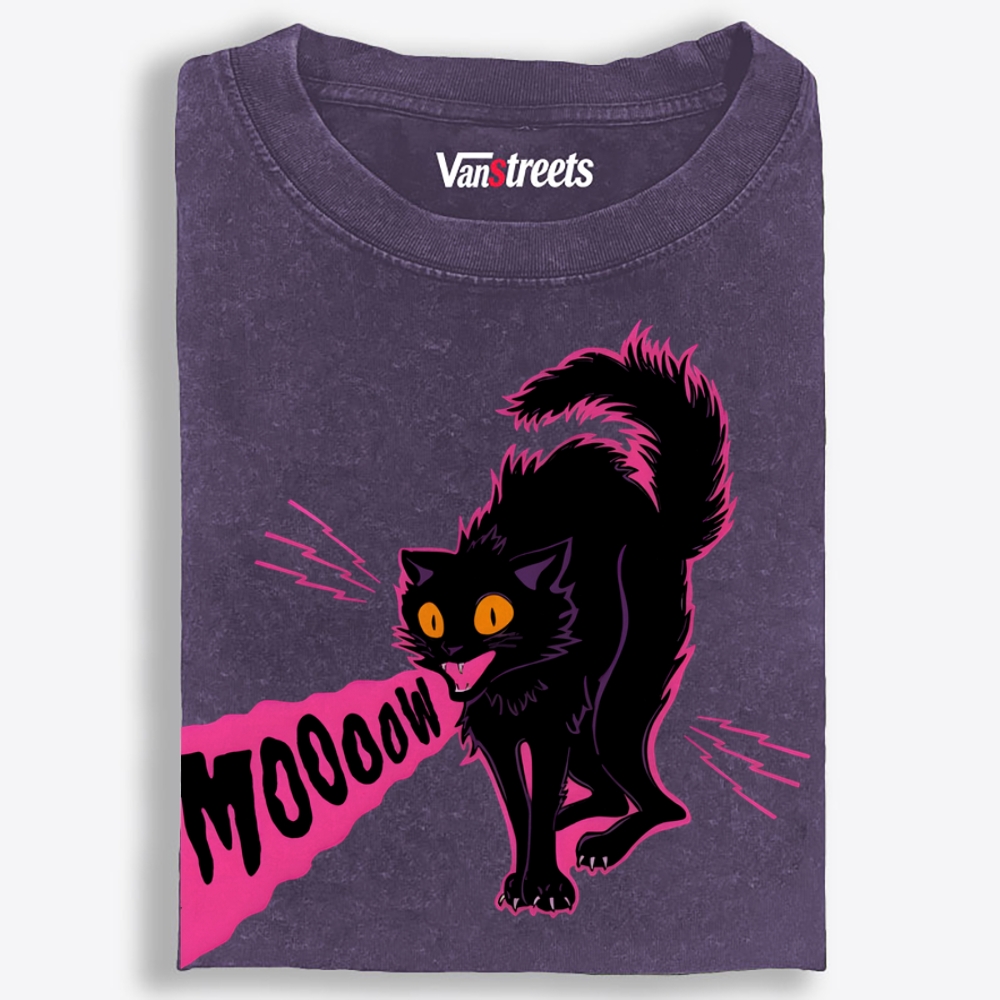 MOOOOW Black Cat Retro Washed T-Shirt | 100% Cotton | Streetwear Essential