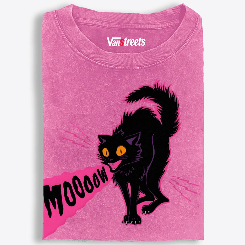 MOOOOW Black Cat Retro Washed T-Shirt | 100% Cotton | Streetwear Essential