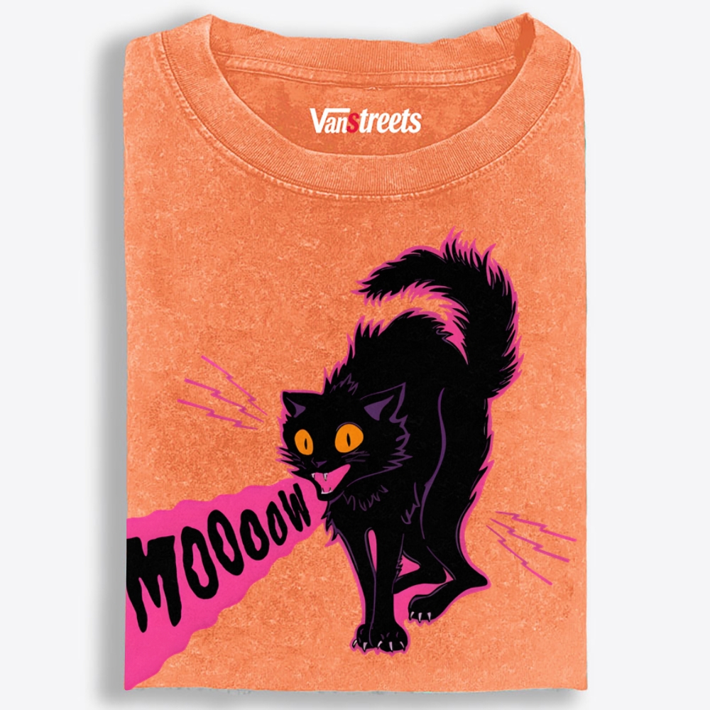 MOOOOW Black Cat Retro Washed T-Shirt | 100% Cotton | Streetwear Essential