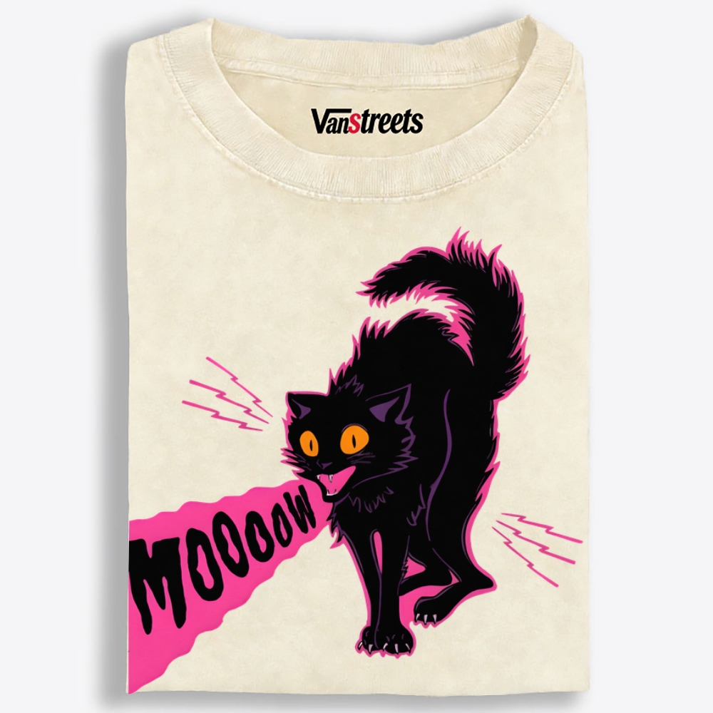 MOOOOW Black Cat Retro Washed T-Shirt | 100% Cotton | Streetwear Essential
