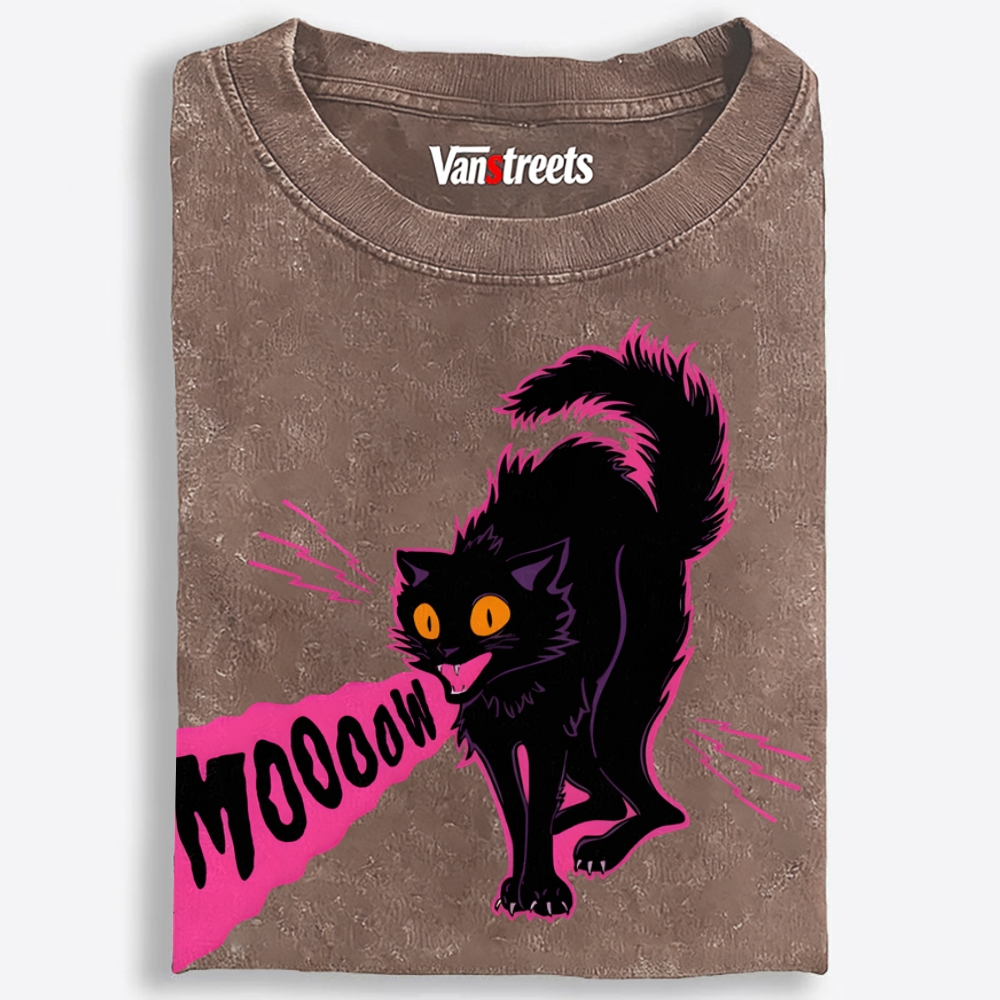 MOOOOW Black Cat Retro Washed T-Shirt | 100% Cotton | Streetwear Essential