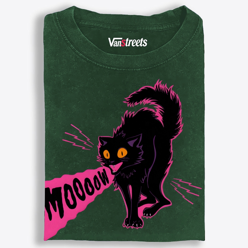 MOOOOW Black Cat Retro Washed T-Shirt | 100% Cotton | Streetwear Essential