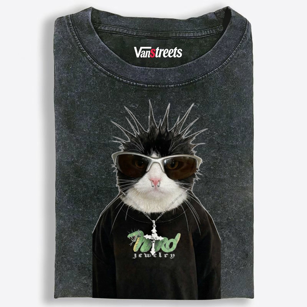 Punk Spiky Cat Retro Washed T-Shirt | 100% Cotton | Streetwear Essential