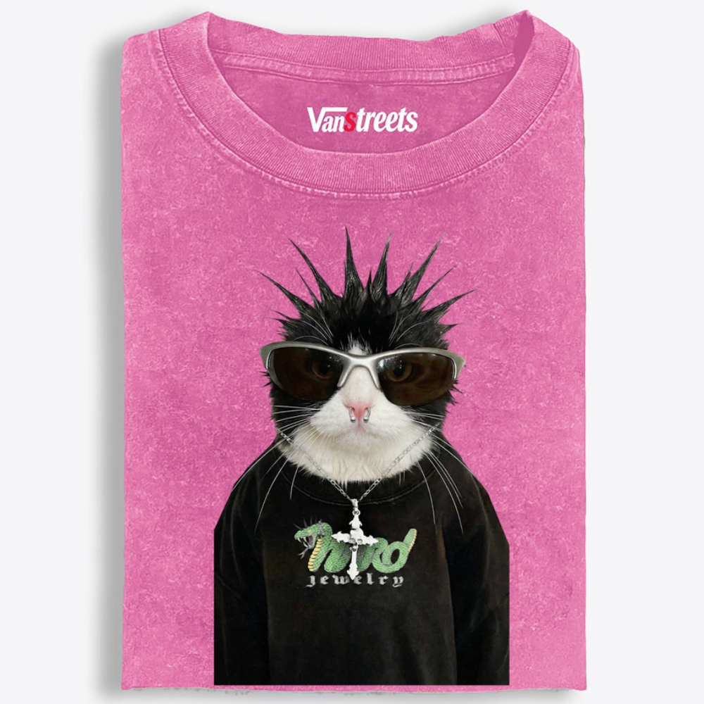 Punk Spiky Cat Retro Washed T-Shirt | 100% Cotton | Streetwear Essential