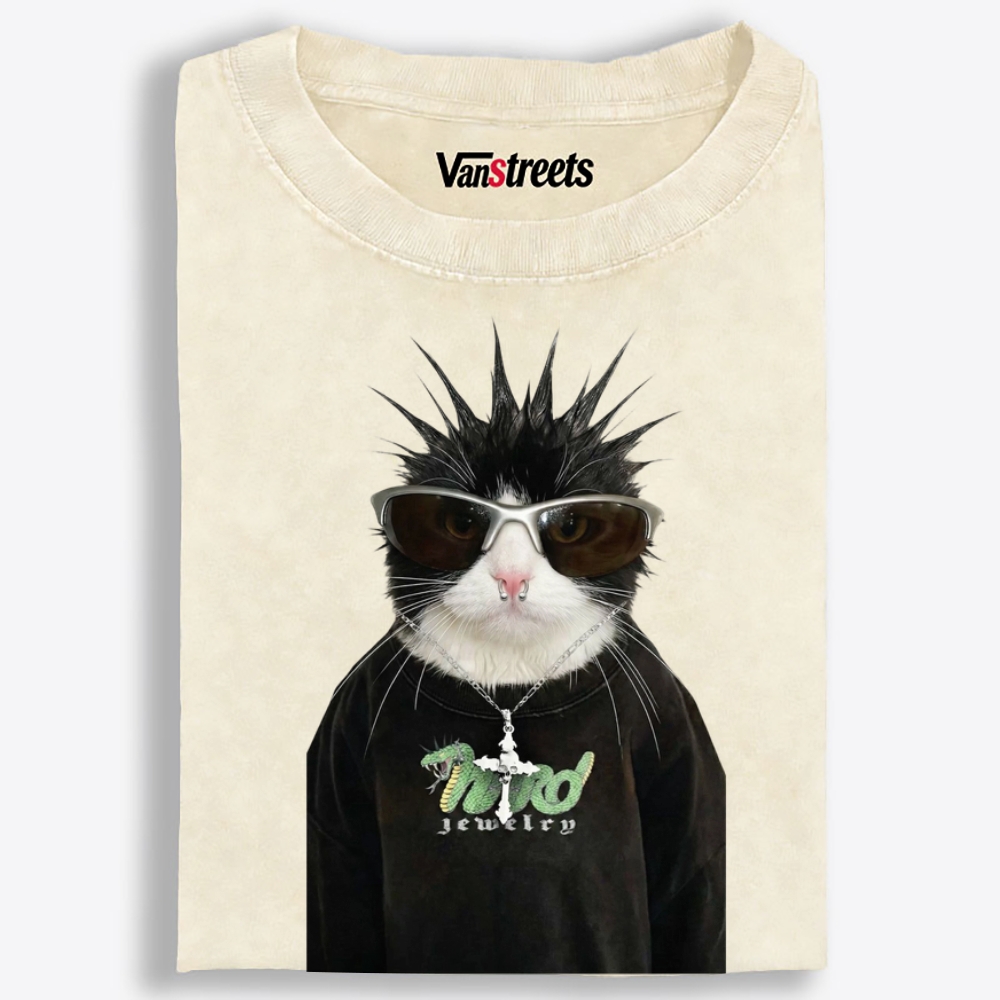 Punk Spiky Cat Retro Washed T-Shirt | 100% Cotton | Streetwear Essential