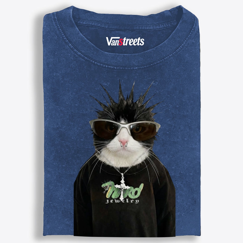 Punk Spiky Cat Retro Washed T-Shirt | 100% Cotton | Streetwear Essential