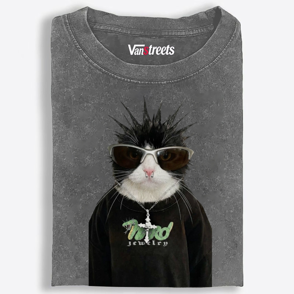 Punk Spiky Cat Retro Washed T-Shirt | 100% Cotton | Streetwear Essential