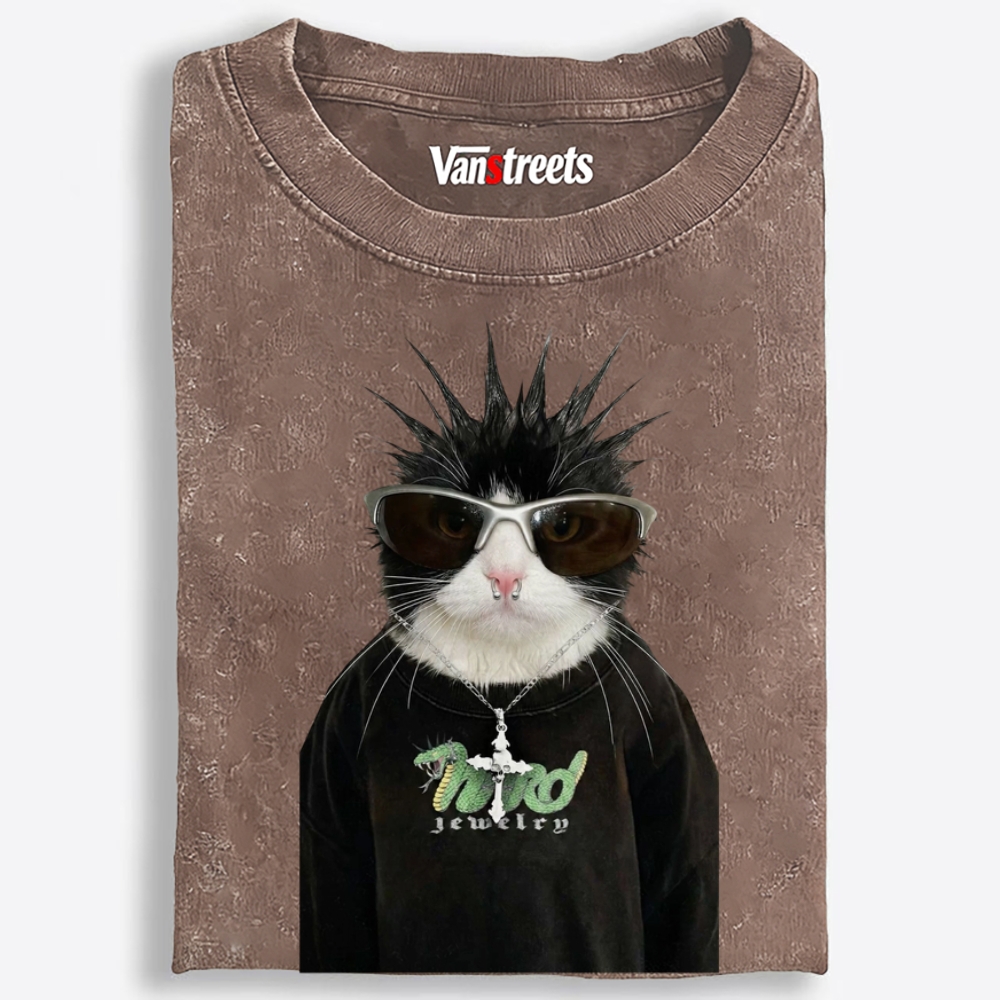 Punk Spiky Cat Retro Washed T-Shirt | 100% Cotton | Streetwear Essential