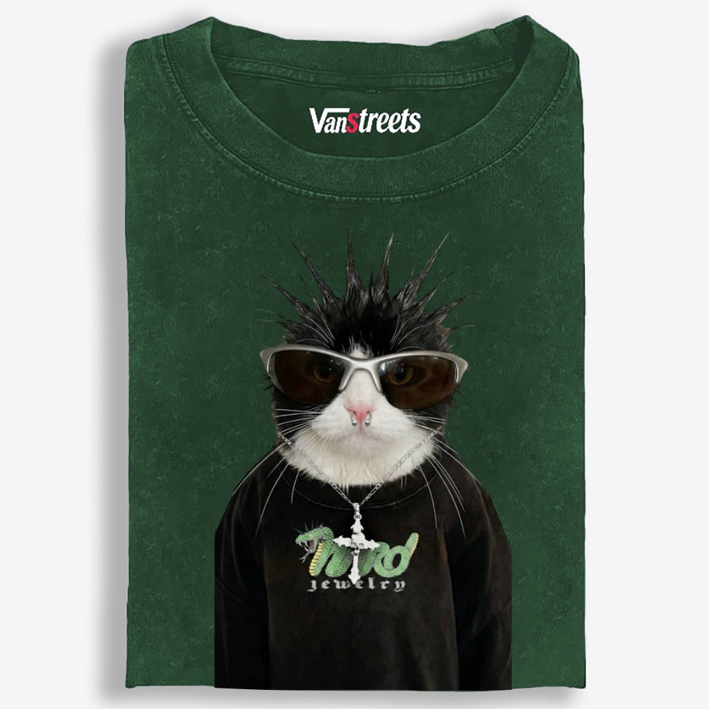 Punk Spiky Cat Retro Washed T-Shirt | 100% Cotton | Streetwear Essential